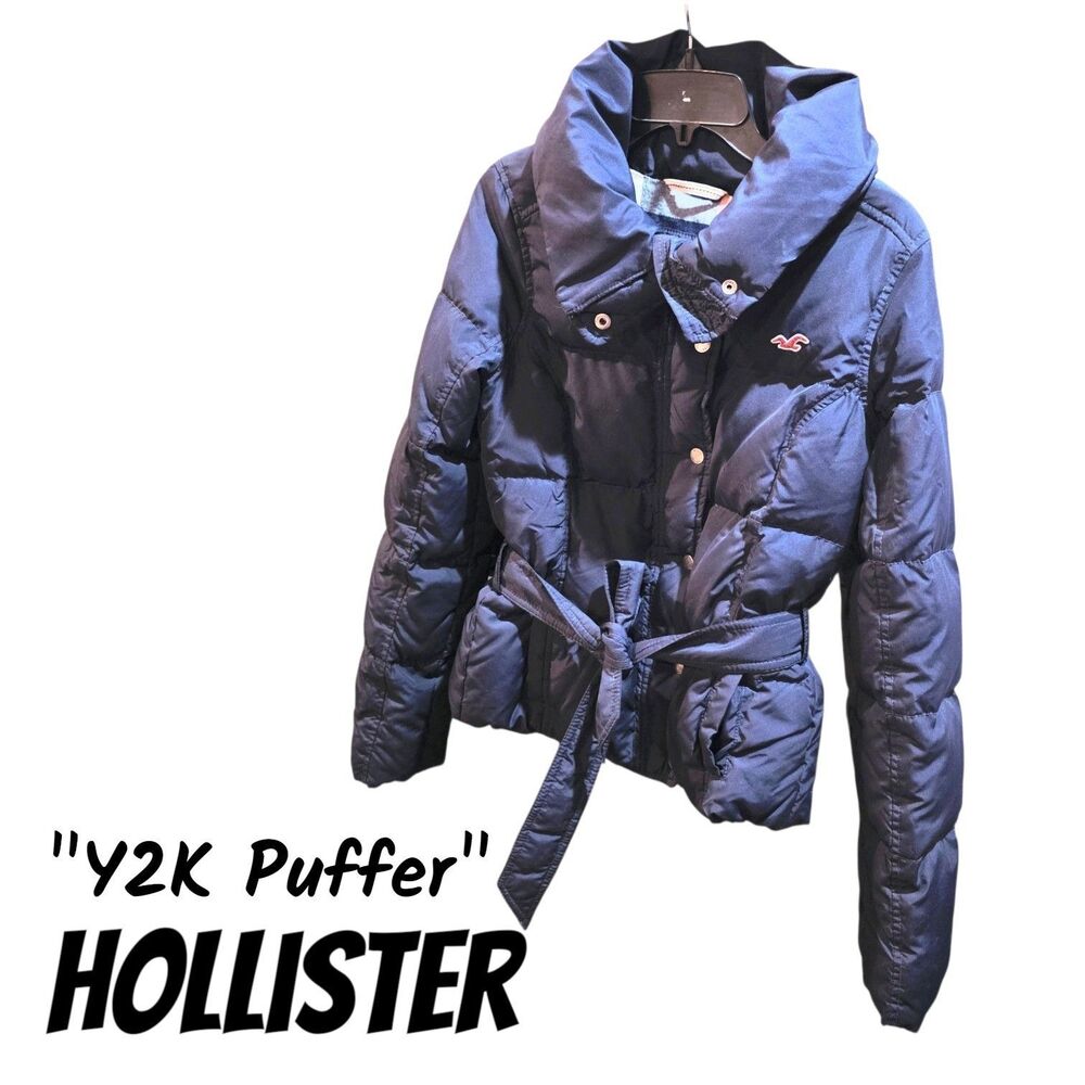 Hollister Y2K MD Navy Blue Down Snap/Zip Front Waist Tie Logo Puffer Midi Jacket